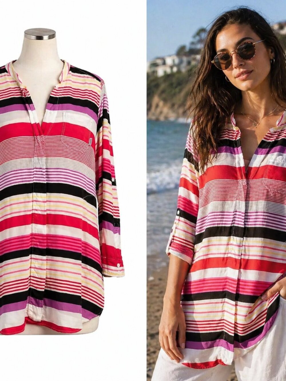 DKNY Vintage Striped Tunic Blouse Y2K Coastal Boho Oversized Shirt Women’s M